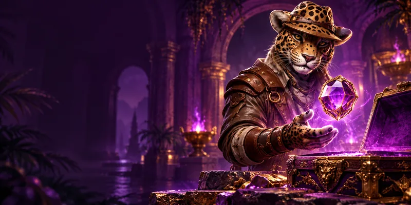 Jaguar explorer with an amethyst treasure chest in a purple gallery, illustrating Bizzo promotions