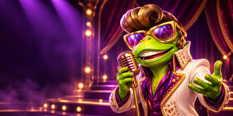 Bizzo frog singer with purple sunglasses and a gold microphone on a violet stage